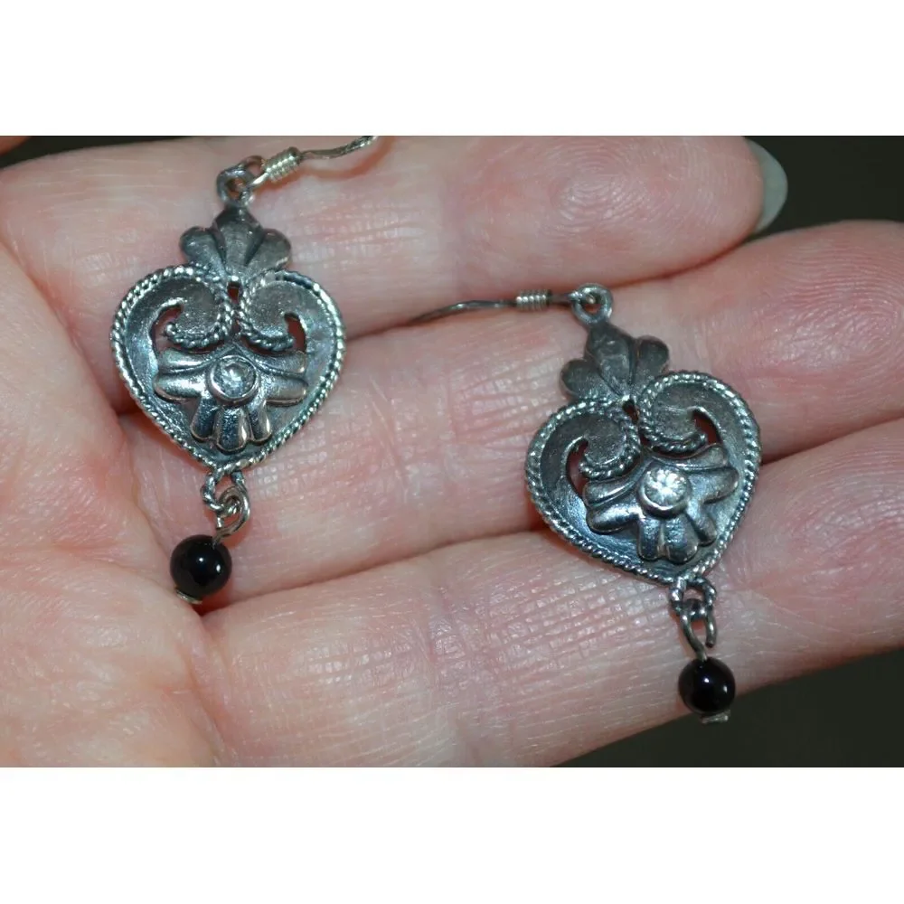 Vtg MC 925‎ Sterling Pierced Dangle Earrings Silver w/ Rhinestone & Black Bead - Picture 3 of 5